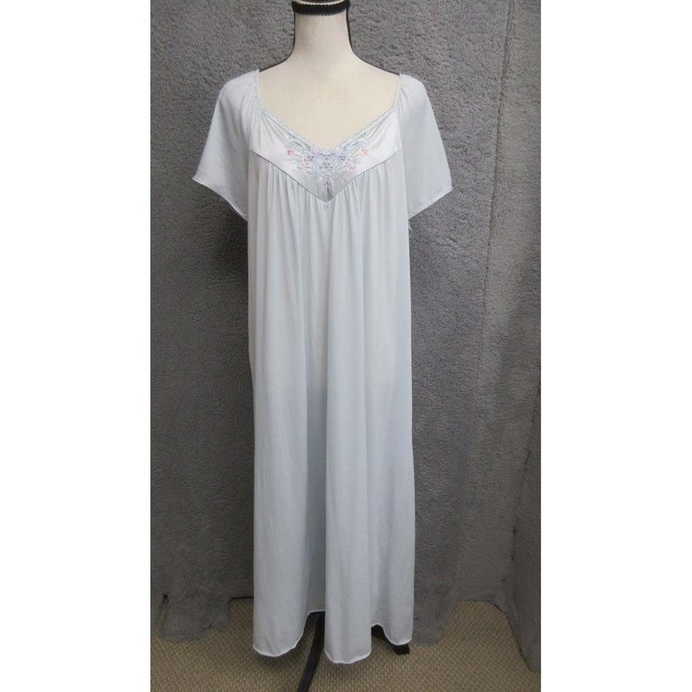 Vtg Vanity Fair Slip Dress Women M Blue Floral Embroider Cottagecore Coquette